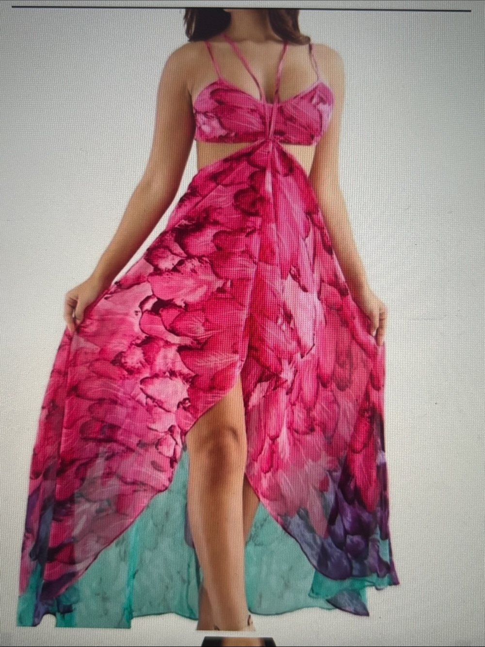 Luxxel Pink Teal High-Low Printed Maxi Dress